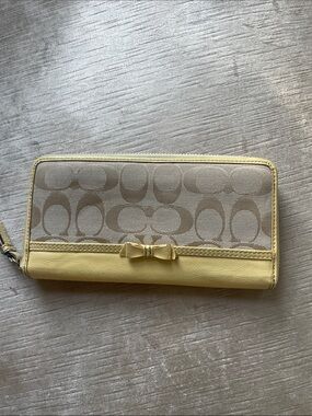 Coach Yellow Trim Signature Canvas Zip Wallet with Bow